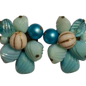 Aqua Blue Cluster Beaded West Germany Clip-On Earrings Vintage